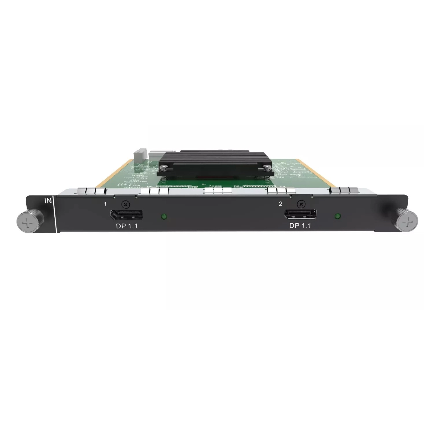 Dual DisplayPort interface card with two DisplayPort 1.1 connectors and an IN port.
