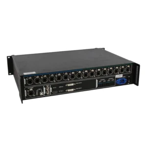 Audio mixer featuring multiple input ports and control knobs for sound management.