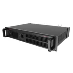 Black rackmount power amplifier with front controls and ventilation grilles.