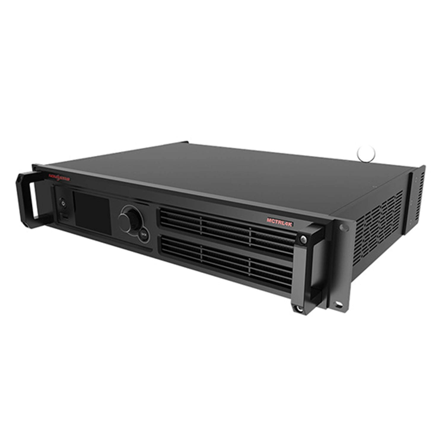 Black rackmount power amplifier with front controls and ventilation grilles.