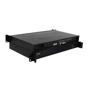 Black rack-mountable audio video processor with various input and output ports.