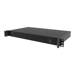 1U rackmount server chassis with a black finish and front panel ports.