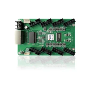 Green electronic circuit board featuring various connectors and components for electronic applications.