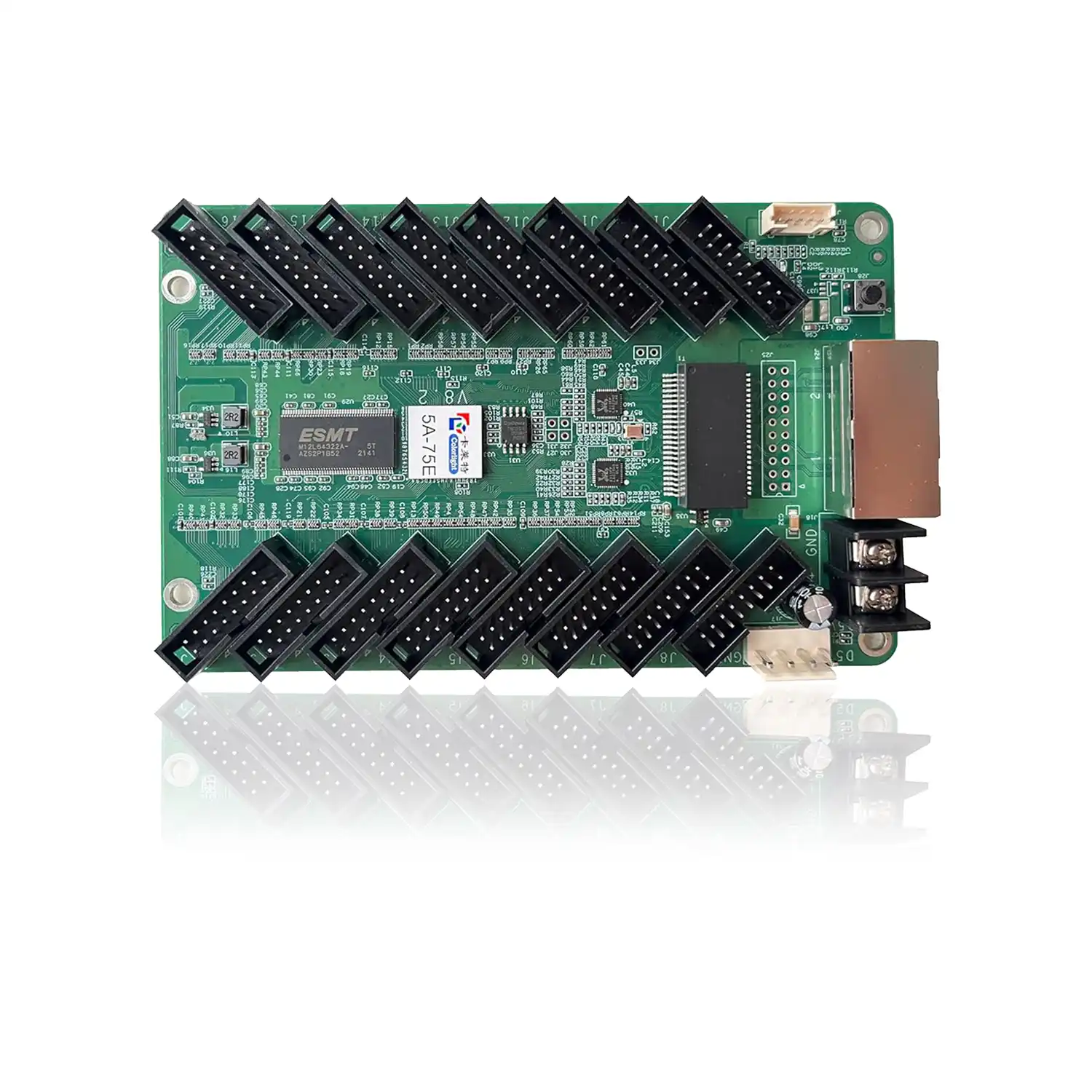 Green electronic circuit board featuring multiple connectors and a microcontroller.