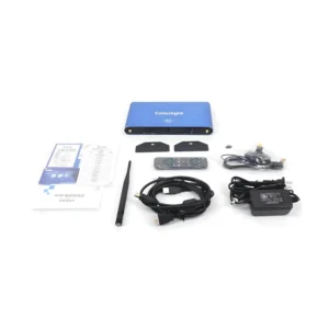 Colorlight LED controller with remote, cables, power adapter, and documentation laid out on a white background.