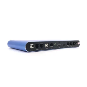 Blue audio interface featuring various input and output ports on the back panel.