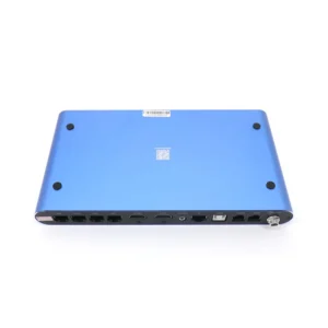 Back view of a blue electronic device featuring various input and output ports.