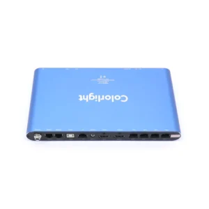 Blue Colorlight LED controller with multiple input and output ports on the back.
