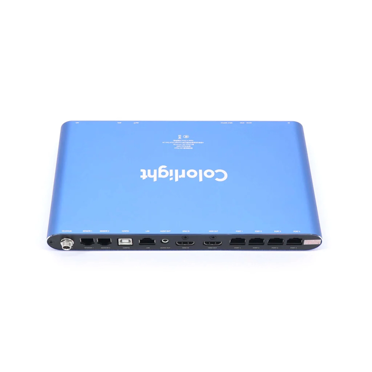 Blue Colorlight LED controller with multiple input and output ports on the back.