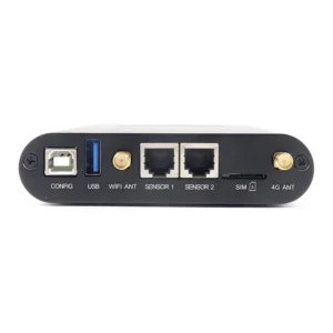 Back view of a network device featuring USB, Ethernet, and antenna ports.