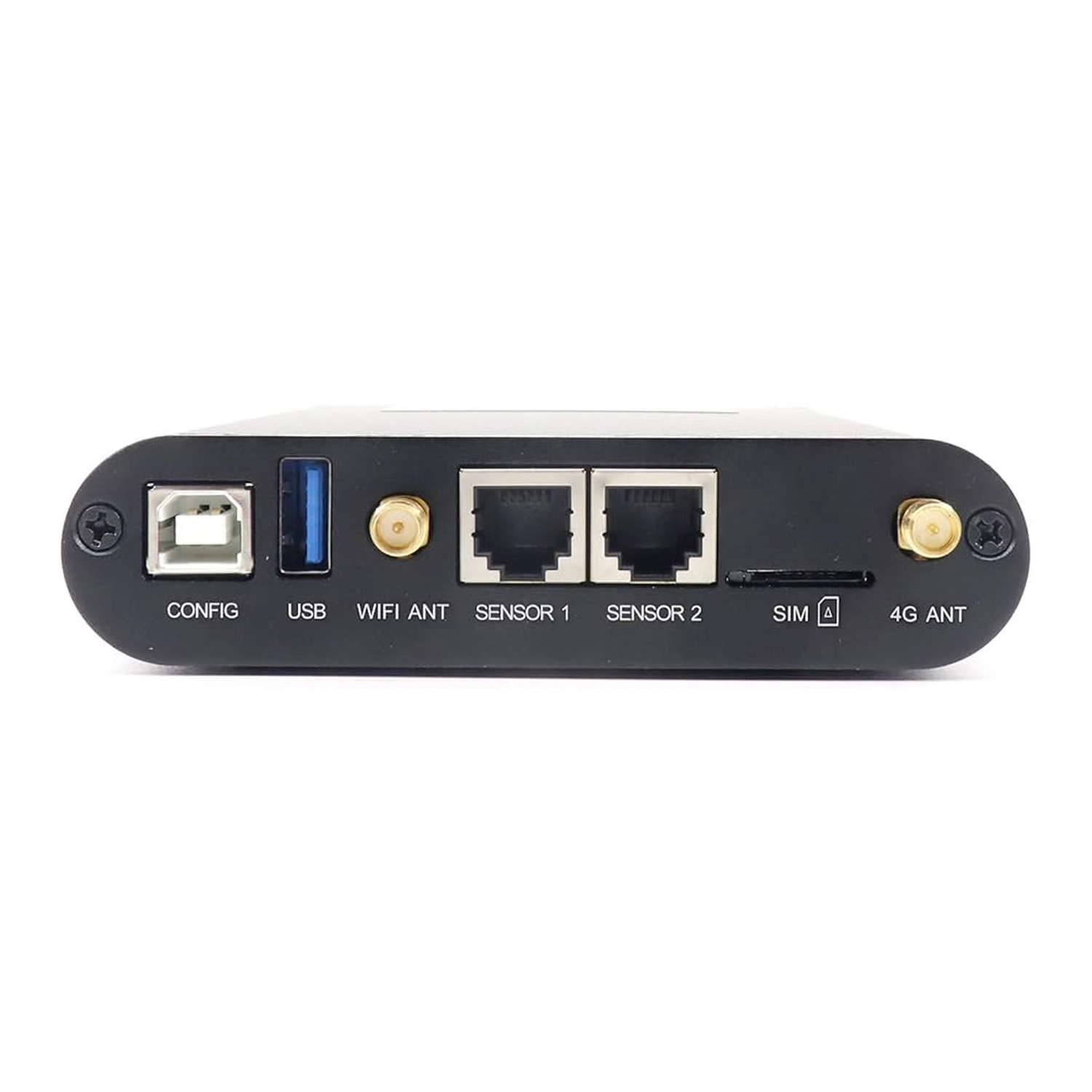 Back view of a network device featuring USB, Ethernet, and antenna ports.
