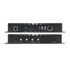 Dual-sided connectivity device featuring various ports including HDMI, USB, and Ethernet.