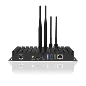 Back view of an industrial network device featuring various ports and antennas.