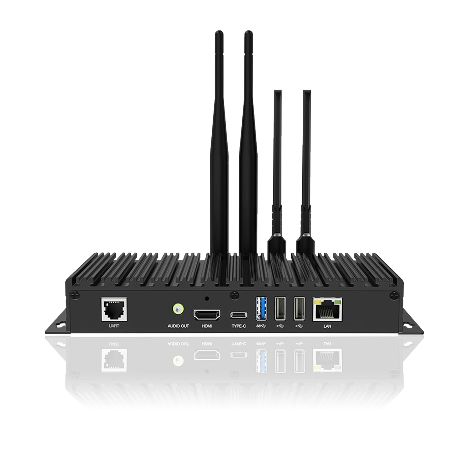 Back view of an industrial network device featuring various ports and antennas.