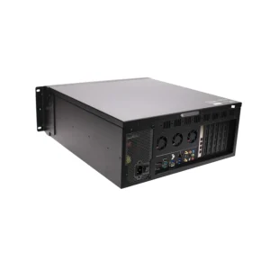 Black rackmount server chassis with multiple ports and ventilation slots on the back panel.