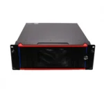 Black and red rackmount server chassis with a front display panel and ventilation grilles.