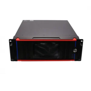Black and red rackmount server chassis with a front display panel and ventilation grilles.