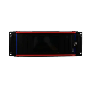 Front view of a red and black computer server case with a display panel.