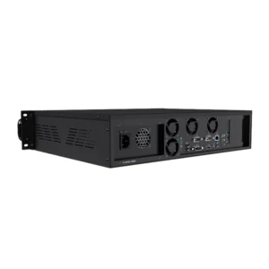 Black rackmount server chassis with multiple ports and ventilation grilles on the back.