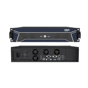 Front and back view of a 4K video processing unit with various input and output ports.