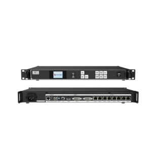 X7 video processing unit with front and rear panel views showing ports and controls.