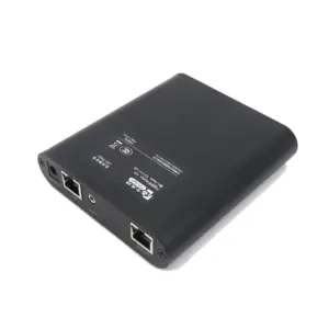 TP-Link network adapter with Ethernet ports and power input on a black casing.
