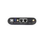 Back panel of a network router featuring various ports and antennas for connectivity.