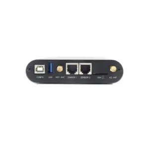 Back panel of a network router featuring various ports and antennas for connectivity.