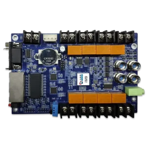 Electronic circuit board featuring various components and connectors for integration.