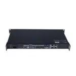 Rear view of a black rackmount network device showing various ports and connections.