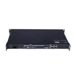 Rear view of a black rackmount network device showing various ports and connections.