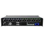 Audio interface featuring multiple XLR inputs, outputs, and control knobs on the front panel.