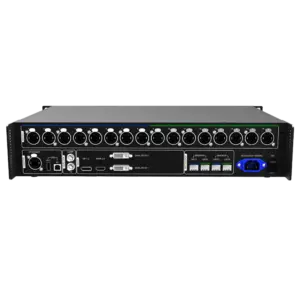 Audio interface featuring multiple XLR inputs, outputs, and control knobs on the front panel.