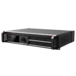 Rack-mounted audio amplifier with multiple control knobs and ventilation grilles.