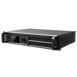 Rack-mounted audio amplifier with multiple control knobs and ventilation grilles.