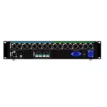 Audio mixer featuring multiple channel knobs, USB port, and power switch on the front panel.