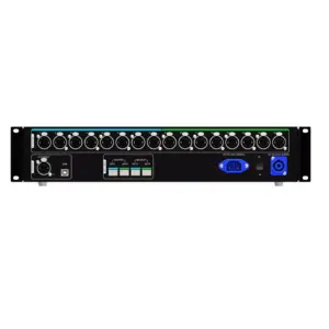Audio mixer featuring multiple channel knobs, USB port, and power switch on the front panel.
