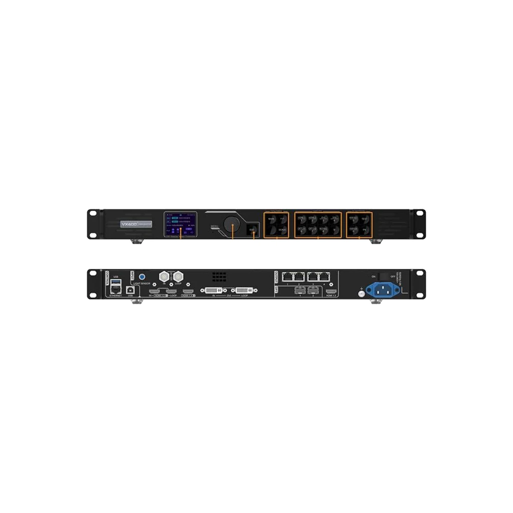 Audio signal processor featuring multiple input and output connections, including digital display and control knobs.