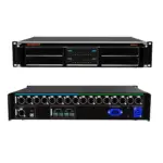 Multi-channel audio mixer featuring multiple input and output ports and LED indicators.