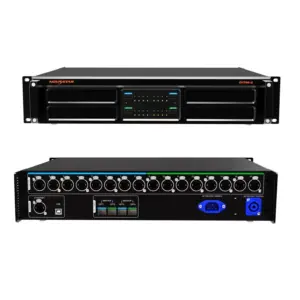 Multi-channel audio mixer featuring multiple input and output ports and LED indicators.