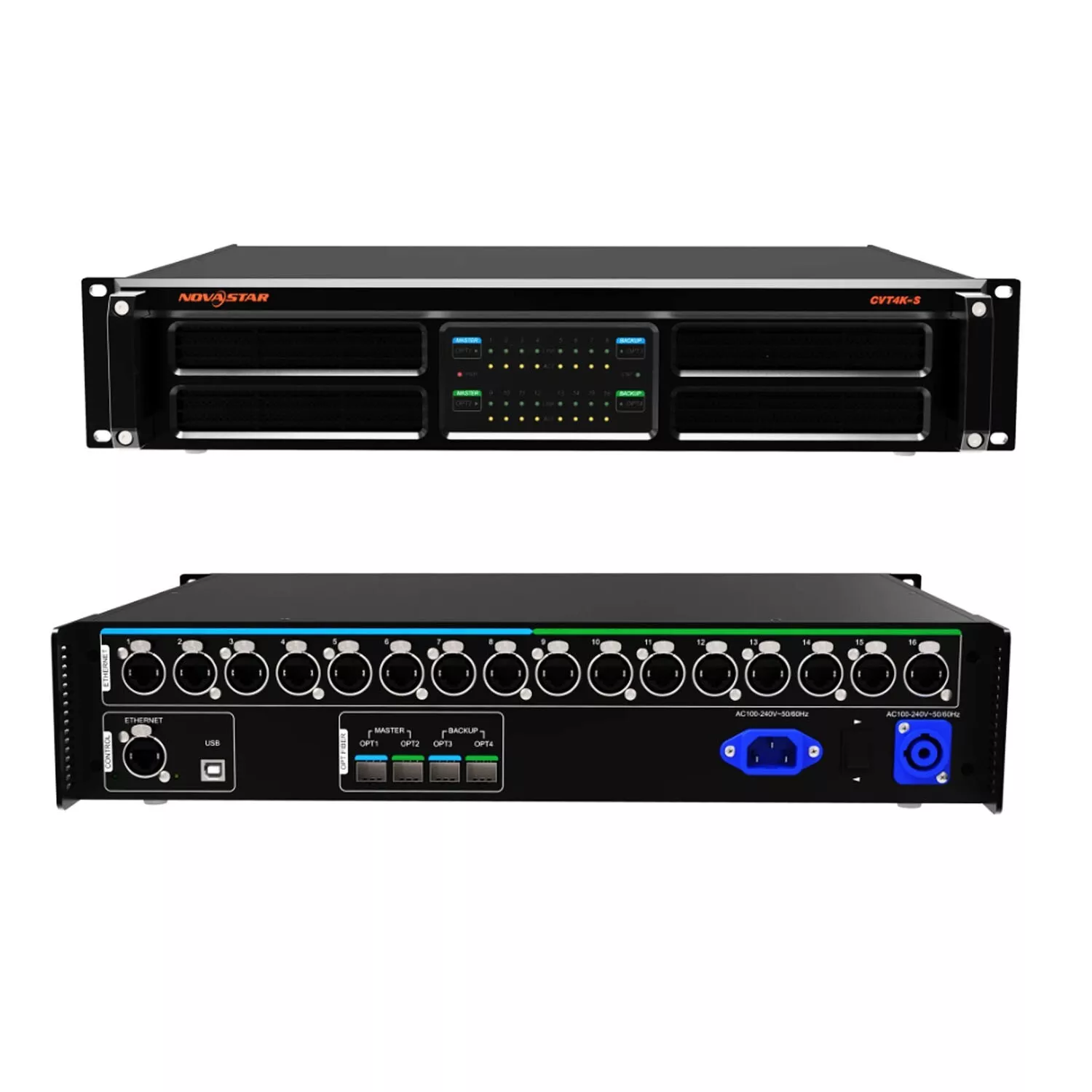 Multi-channel audio mixer featuring multiple input and output ports and LED indicators.