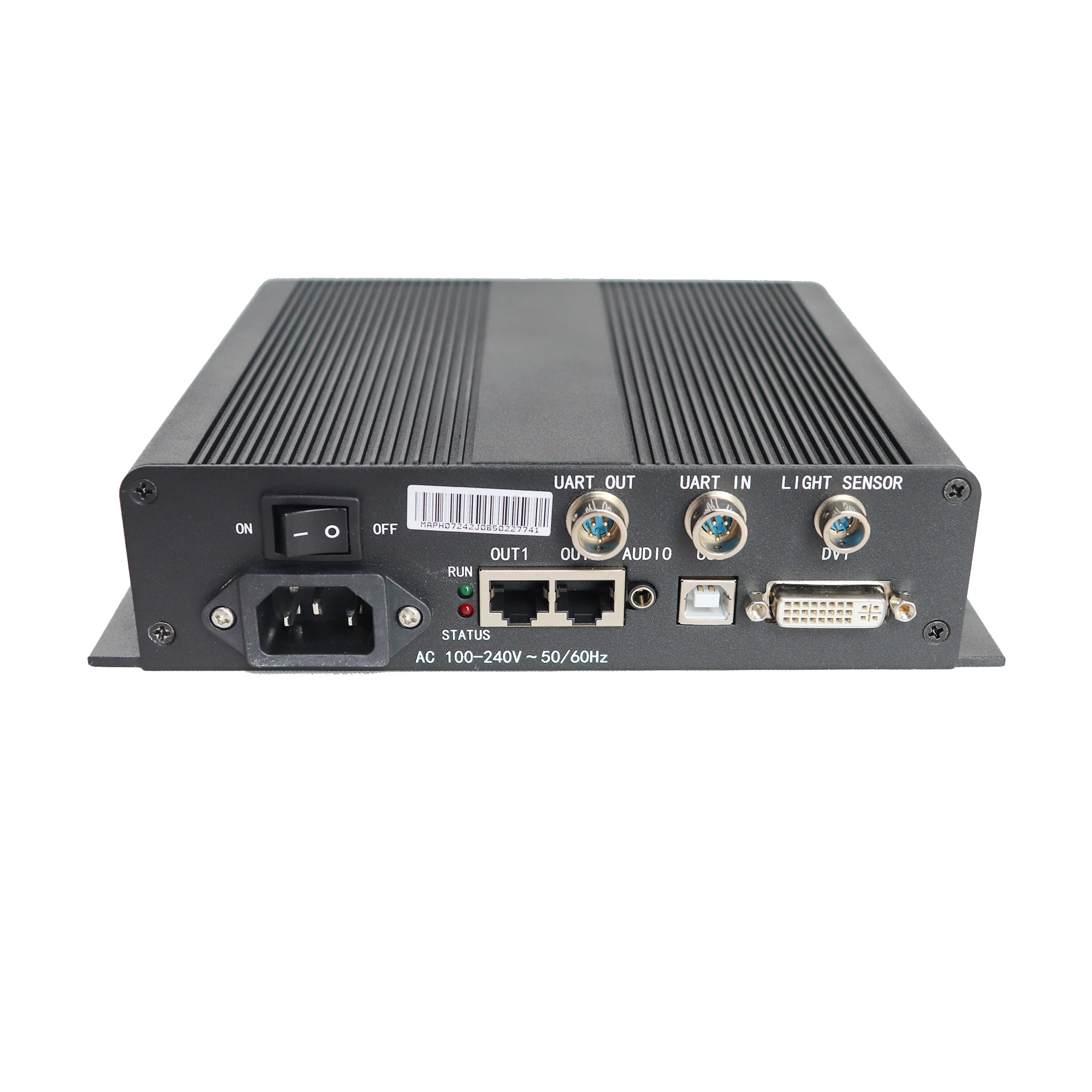Black electronic device featuring various ports including UART, audio, and DVI connections on the back panel.