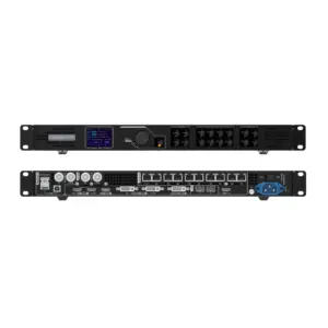 Front and back view of an audio processing rack unit with various input and output ports.