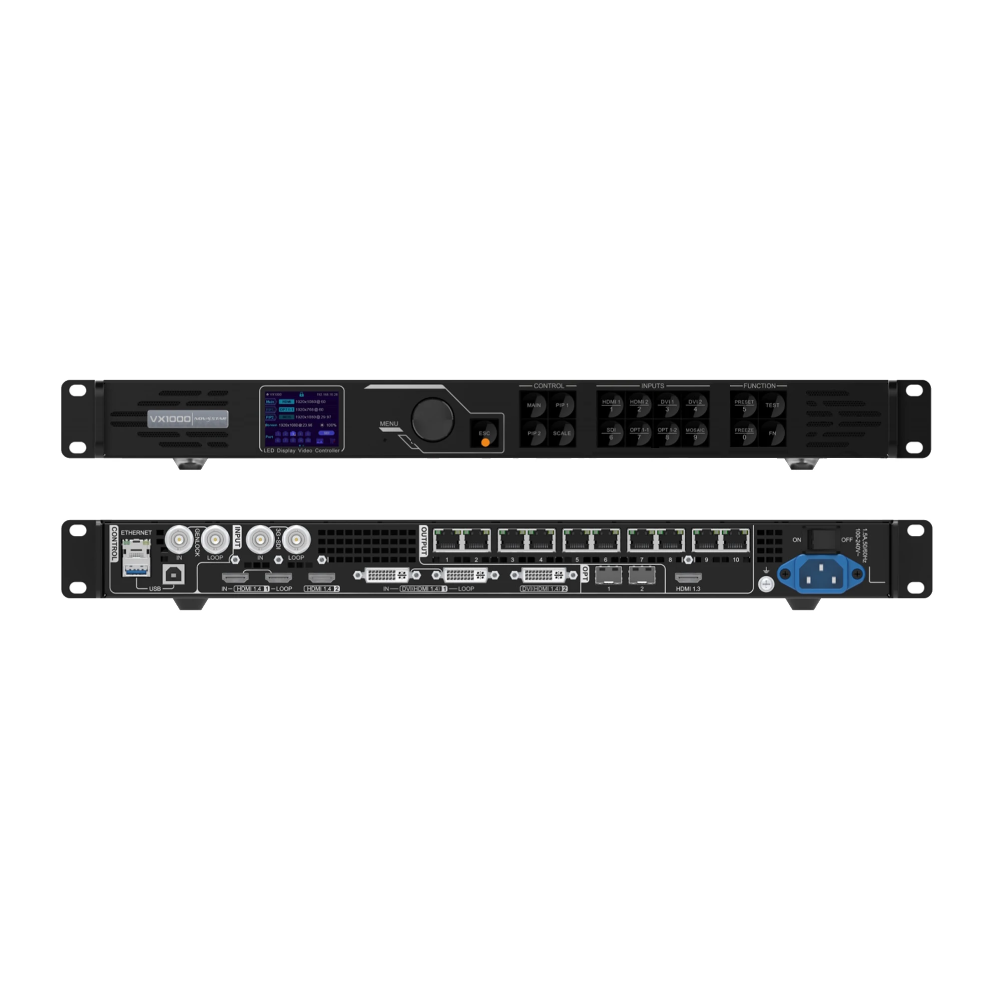 Front and back view of an audio processing rack unit with various input and output ports.