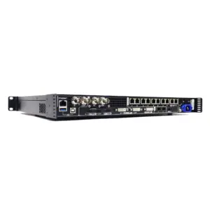 Network switch featuring multiple Ethernet ports and various connectors on the rear panel.