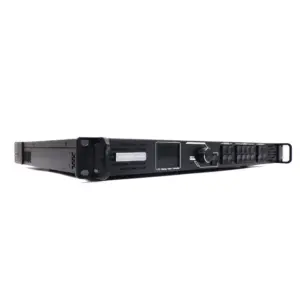 Black rack-mountable audio processor with front panel controls and display screen.