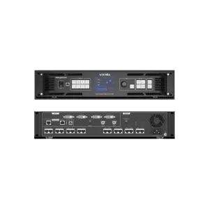 VX16s LED display video controller with front and back panel views showing controls and connections.