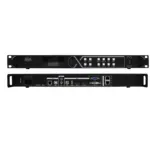 Front and back view of the X2M video processor unit showing control buttons and input/output ports.