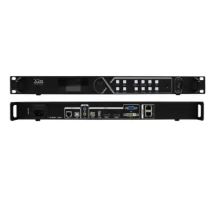 Front and back view of the X2M video processor unit showing control buttons and input/output ports.