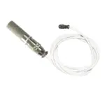 Microphone with a silver mesh head and a white cable attached for audio input.